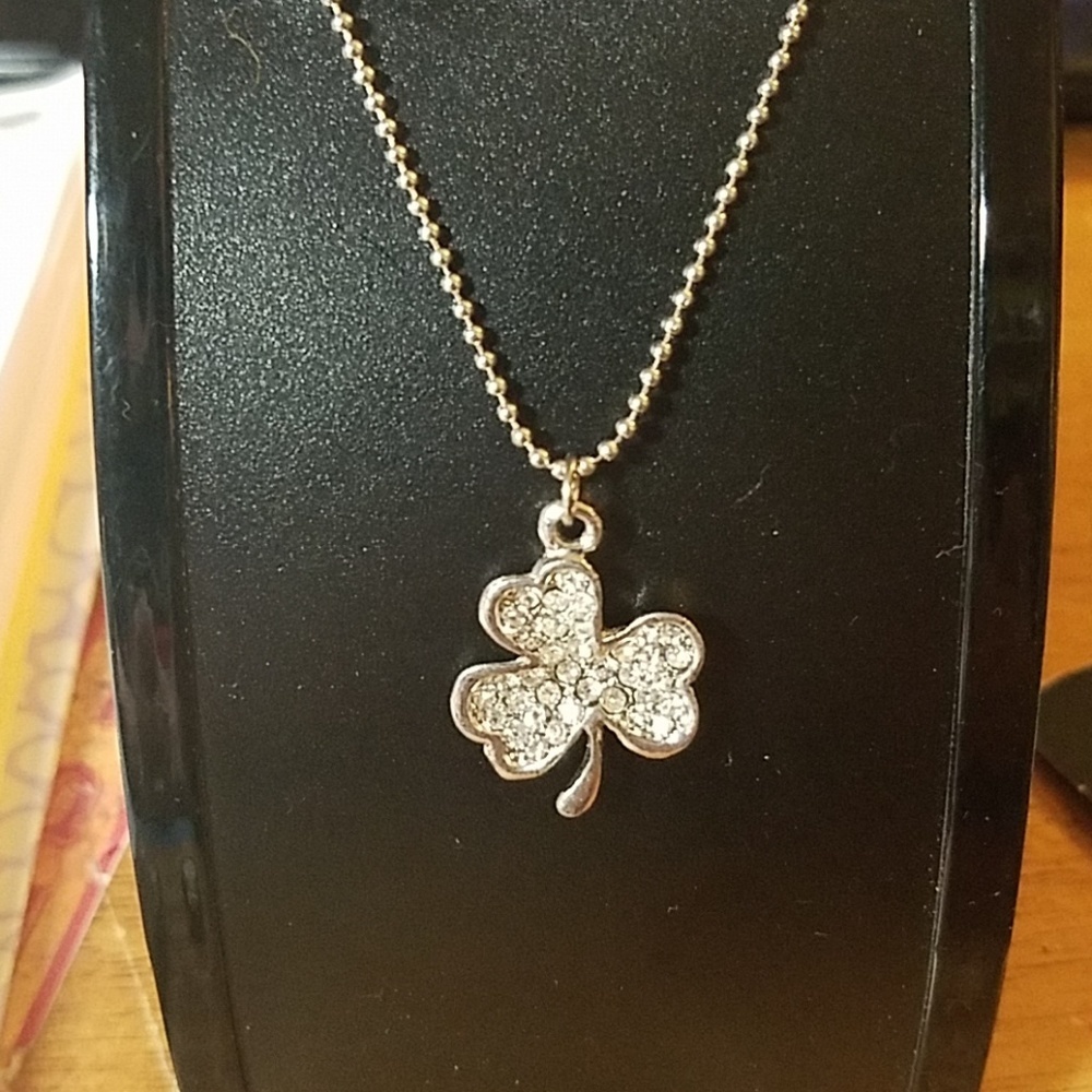 Rhinestone Clover Charm Silver Tone Necklace 16"